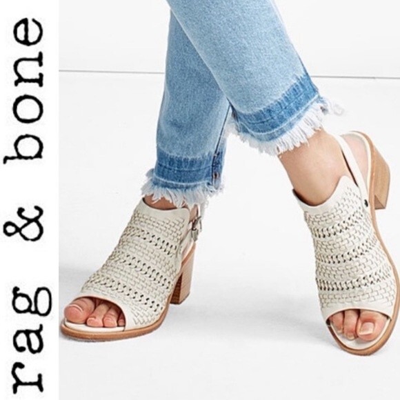 Rag & Bone Wyatt woven leather chunky mid heel slingback sandals ivory white 40 - Picture 2 of 16